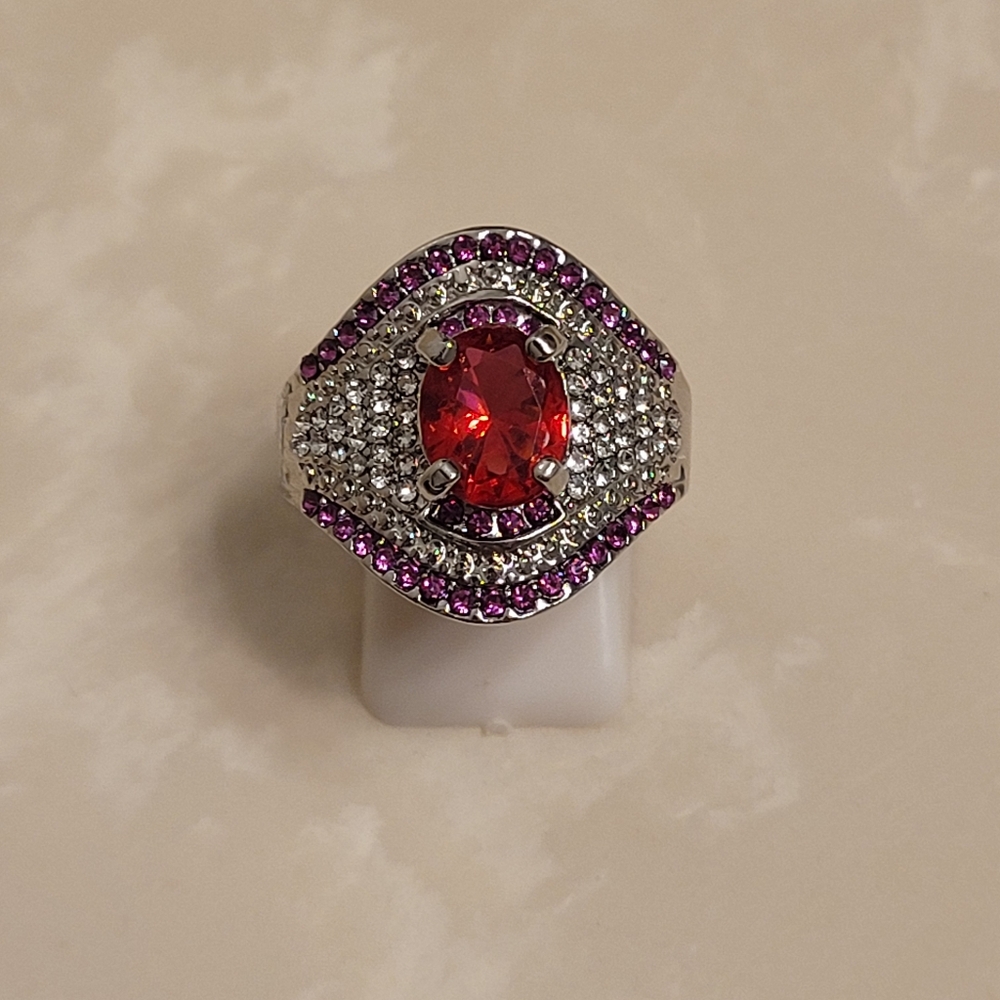 925 Silver Cz And Ruby Statement Ring Size 10 - image 5